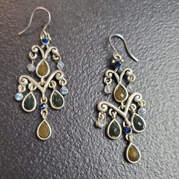 Unbranded Jewelry - Retro Silvertone Long Blue Brown Drop Crystal Tassel Chandelier Hook Earrings 2"